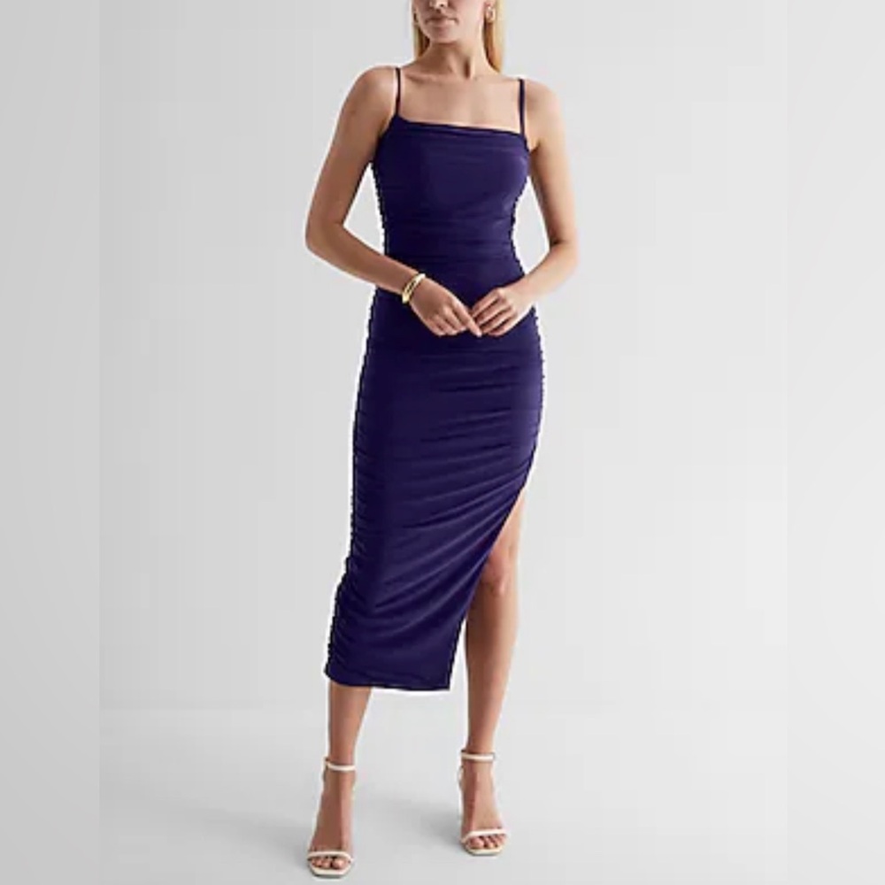 Body Contour Mesh Ruched Side Slit Midi Dress